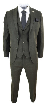 Terno masculino de 3 peças em tweed de lã verde-oliva - STZ11