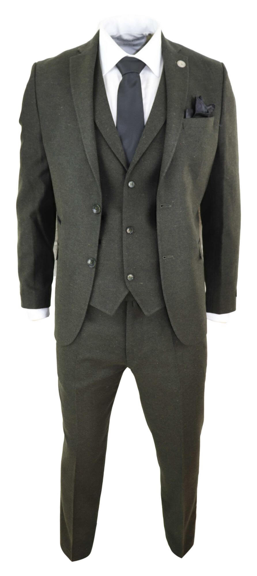 Terno masculino de 3 peças em tweed de lã verde-oliva - STZ11