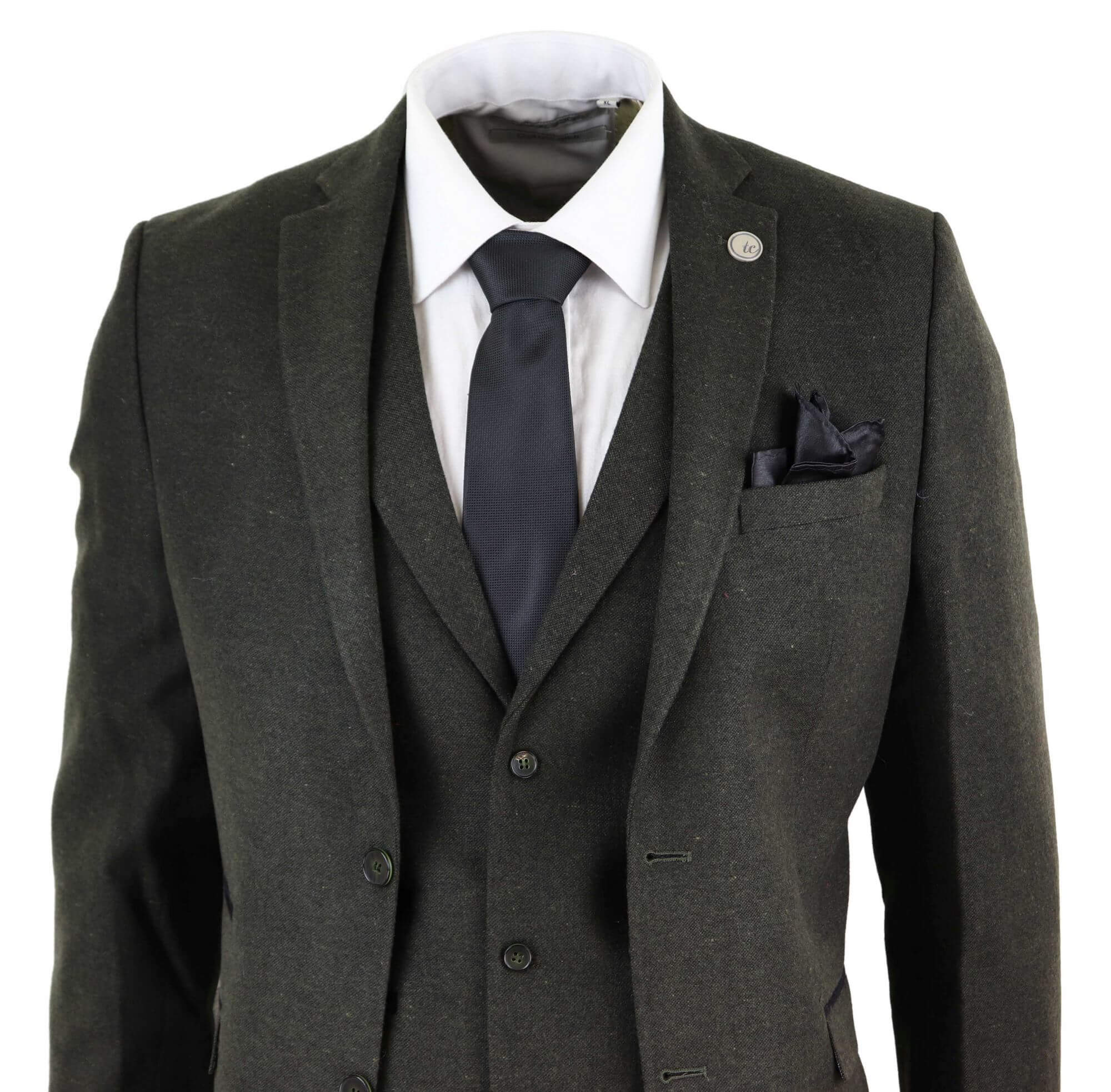 Terno masculino de 3 peças em tweed de lã verde-oliva - STZ11