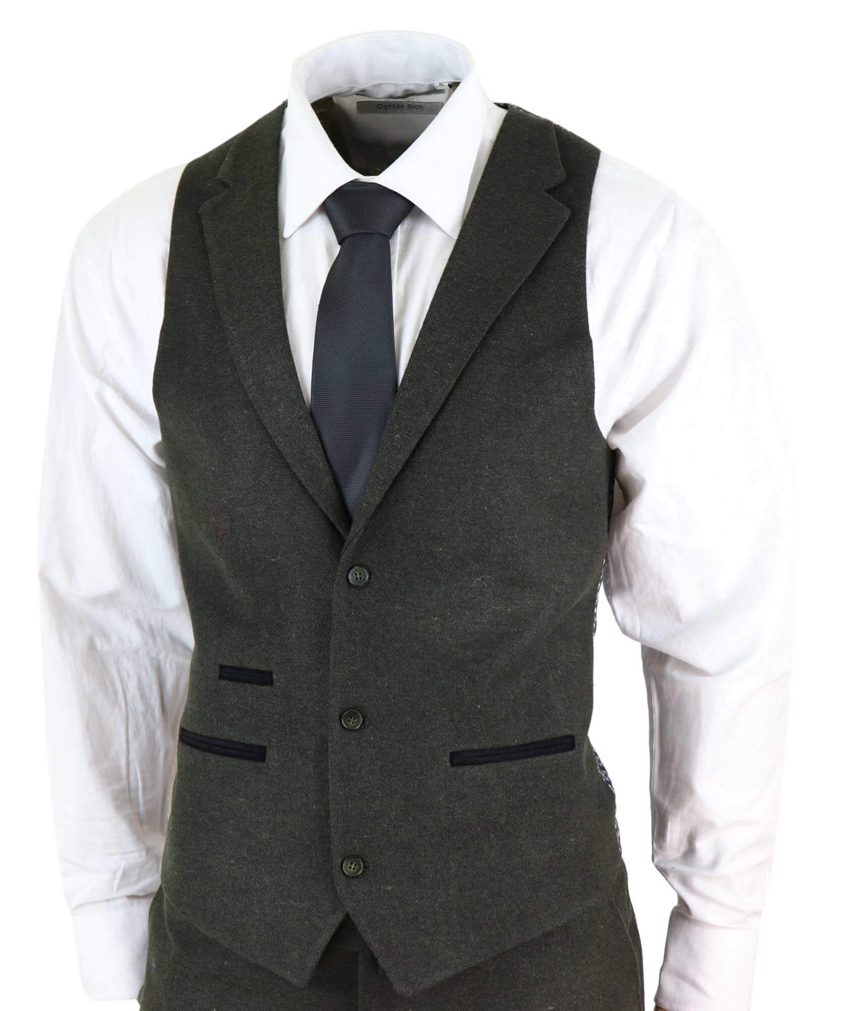 Terno masculino de 3 peças em tweed de lã verde-oliva - STZ11