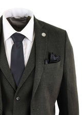 Terno masculino de 3 peças em tweed de lã verde-oliva - STZ11