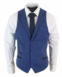 Colete masculino azul em tweed espinha de peixe de lã, estilo Peaky Blinders vintage retrô.