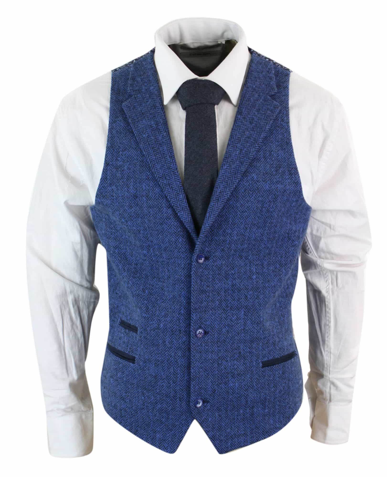 Colete masculino azul em tweed espinha de peixe de lã, estilo Peaky Blinders vintage retrô.