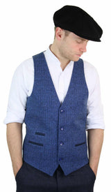 Colete masculino azul em tweed espinha de peixe de lã, estilo Peaky Blinders vintage retrô.
