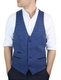 Colete masculino azul em tweed espinha de peixe de lã, estilo Peaky Blinders vintage retrô.