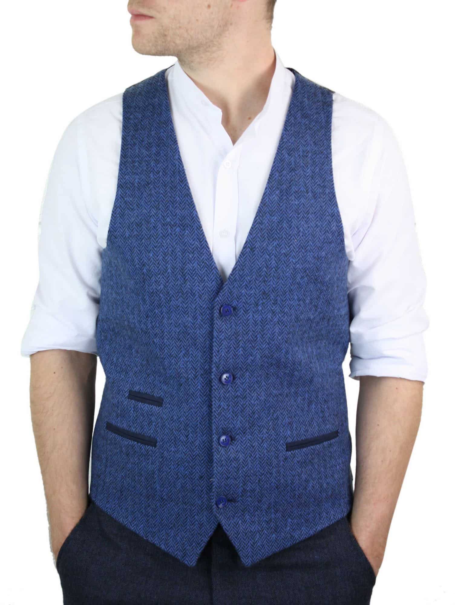 Colete masculino azul em tweed espinha de peixe de lã, estilo Peaky Blinders vintage retrô.