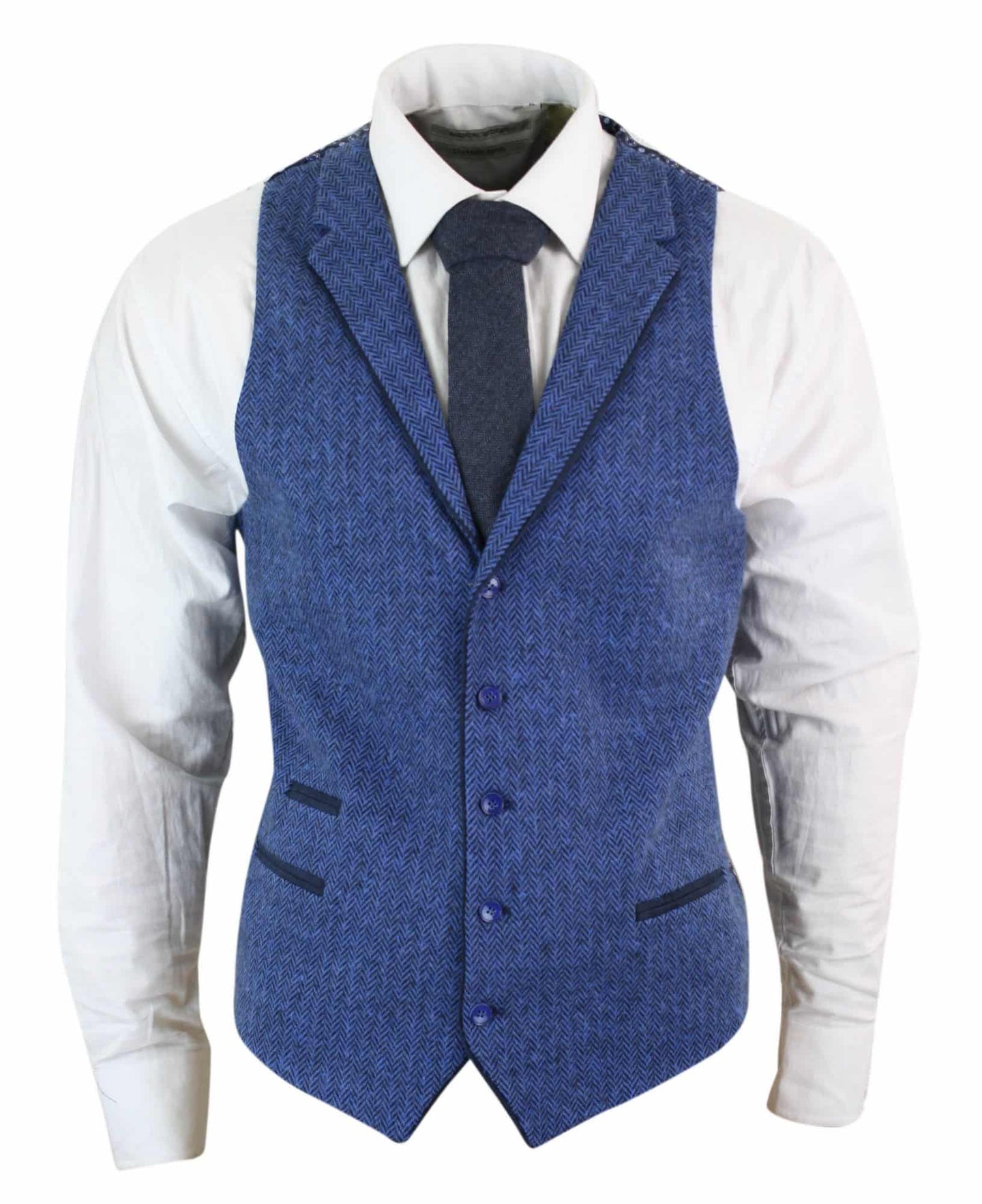 Colete masculino azul em tweed espinha de peixe de lã, estilo Peaky Blinders vintage retrô.