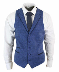 Colete masculino azul em tweed espinha de peixe de lã, estilo Peaky Blinders vintage retrô.