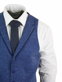 Colete masculino azul em tweed espinha de peixe de lã, estilo Peaky Blinders vintage retrô.