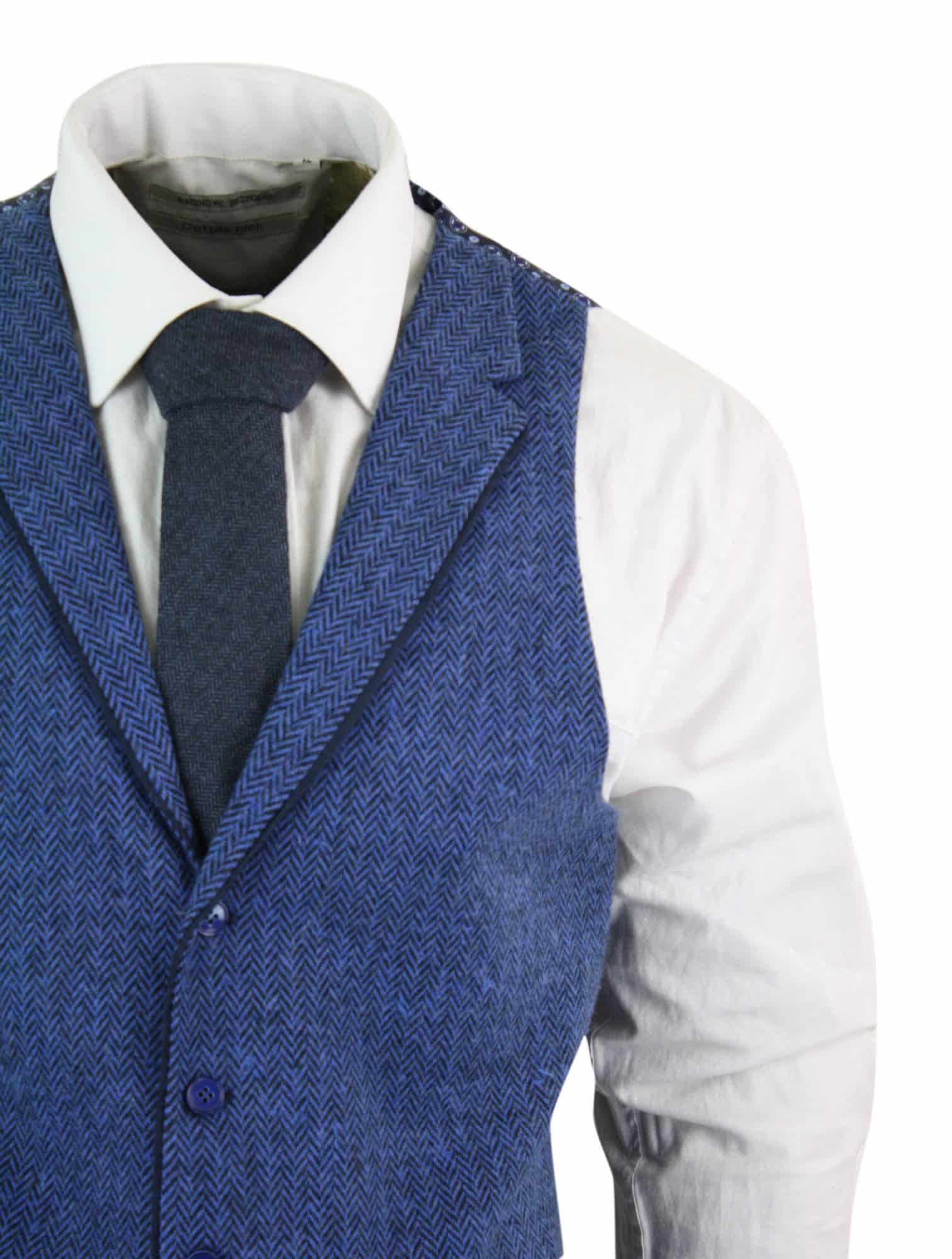 Colete masculino azul em tweed espinha de peixe de lã, estilo Peaky Blinders vintage retrô.