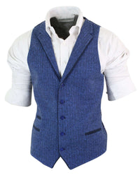 Colete masculino azul em tweed espinha de peixe de lã, estilo Peaky Blinders vintage retrô.