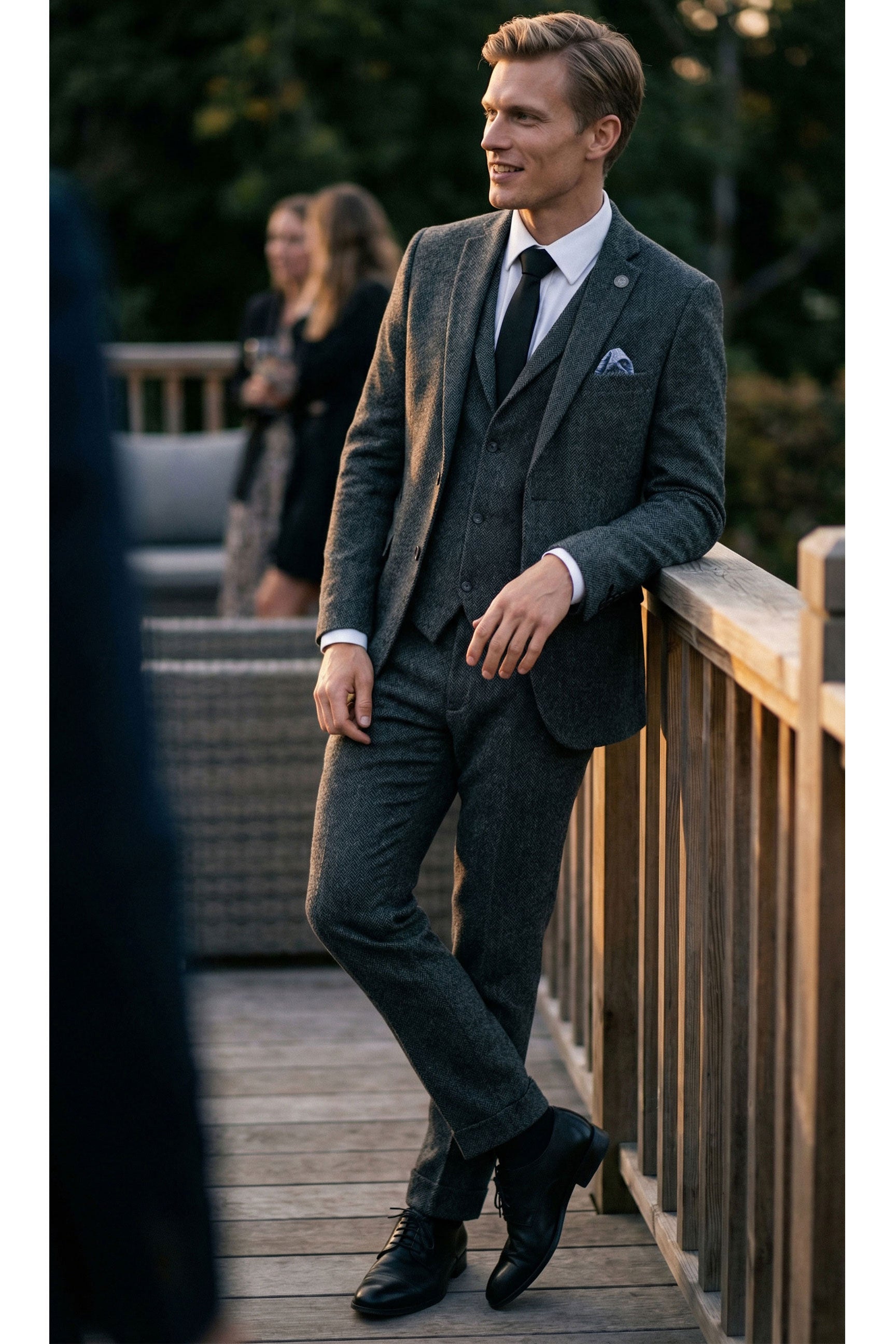 Terno masculino de tweed espinha de peixe cinza carvão de 3 peças - STZ11