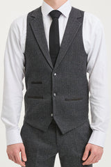 Terno masculino de tweed espinha de peixe cinza carvão de 3 peças - STZ11
