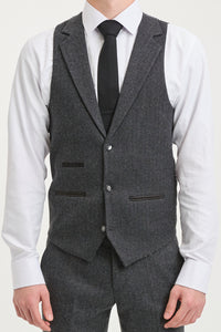 Terno masculino de tweed espinha de peixe cinza carvão de 3 peças - STZ11