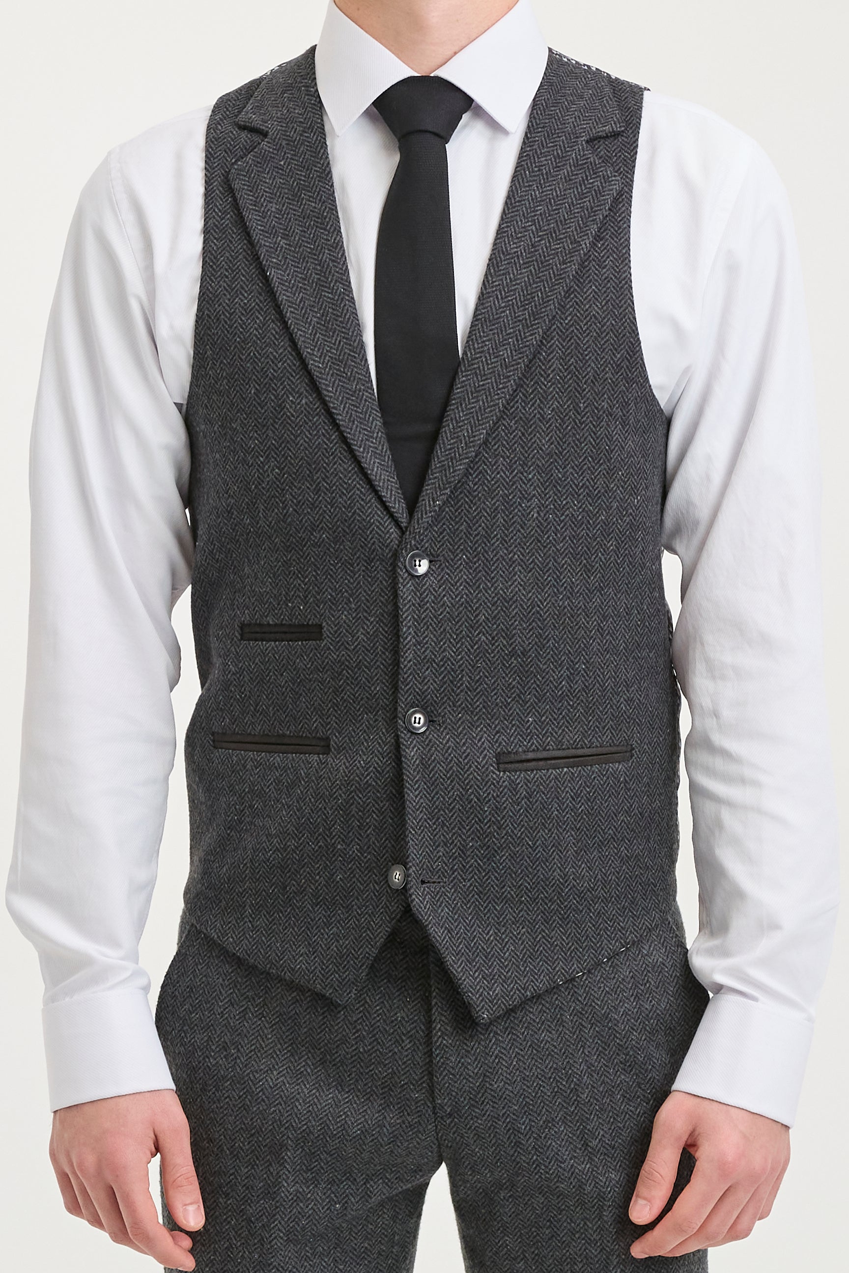Terno masculino de tweed espinha de peixe cinza carvão de 3 peças - STZ11