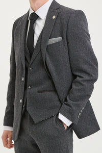 Terno masculino de tweed espinha de peixe cinza carvão de 3 peças - STZ11
