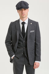 Terno masculino de tweed espinha de peixe cinza carvão de 3 peças - STZ11