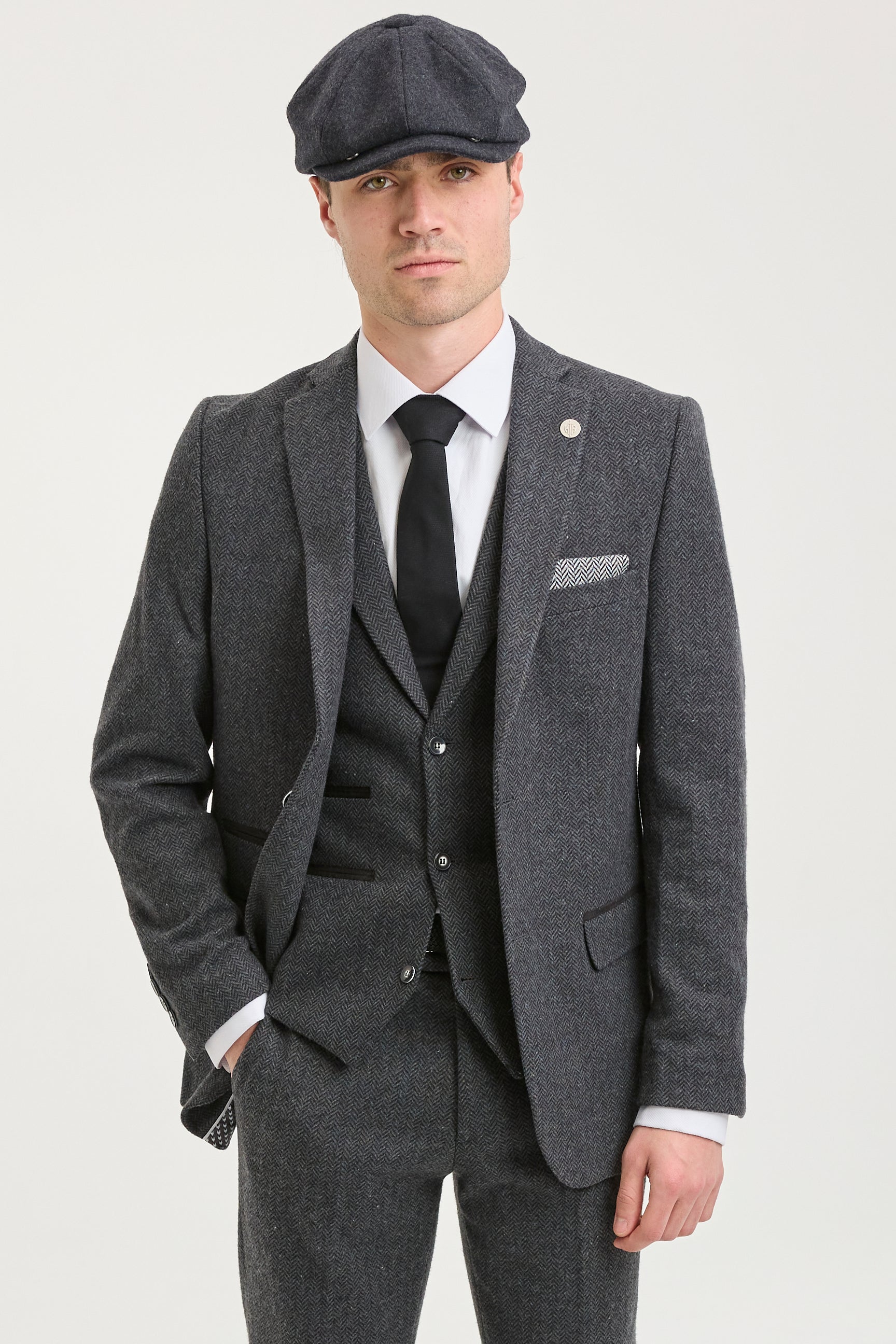 Terno masculino de tweed espinha de peixe cinza carvão de 3 peças - STZ11