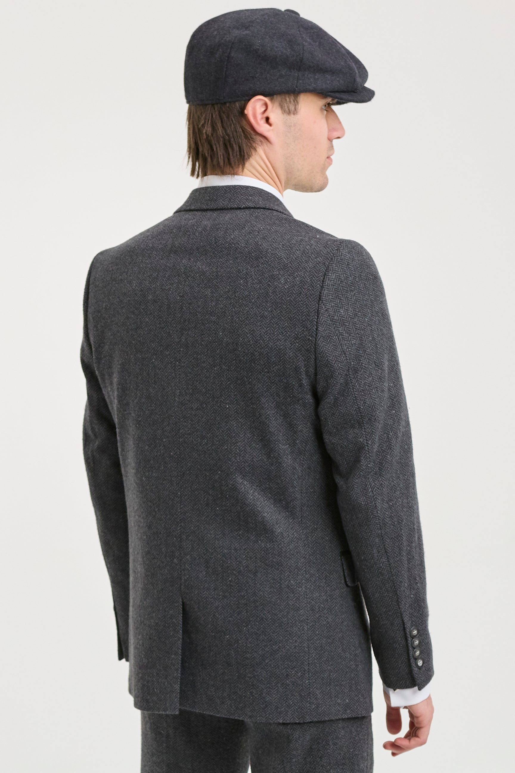 Terno masculino de tweed espinha de peixe cinza carvão de 3 peças - STZ11