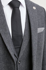 Terno masculino de tweed espinha de peixe cinza carvão de 3 peças - STZ11