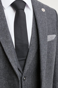 Terno masculino de tweed espinha de peixe cinza carvão de 3 peças - STZ11