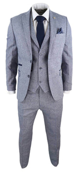 Terno masculino de tweed vintage azul claro de 3 peças - STZ13