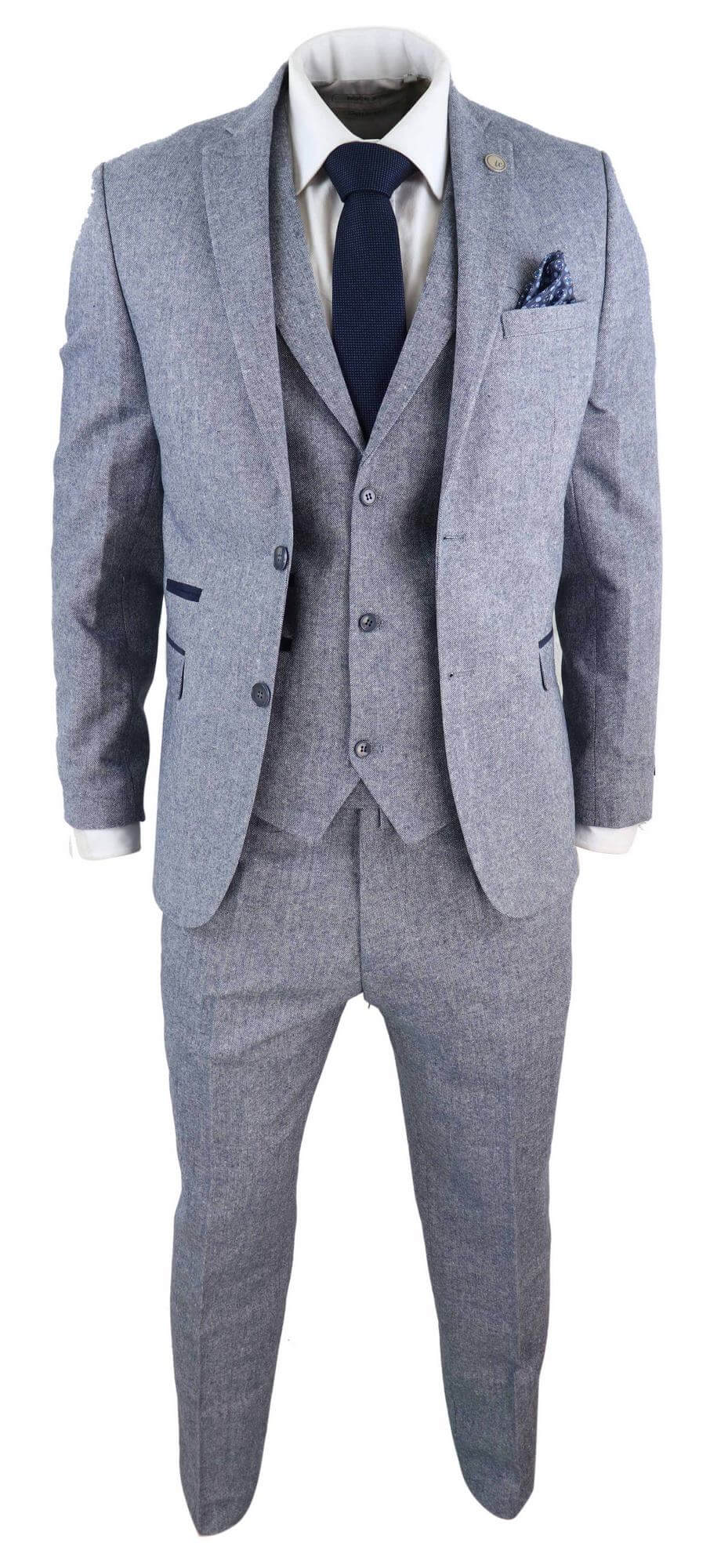 Terno masculino de tweed vintage azul claro de 3 peças - STZ13