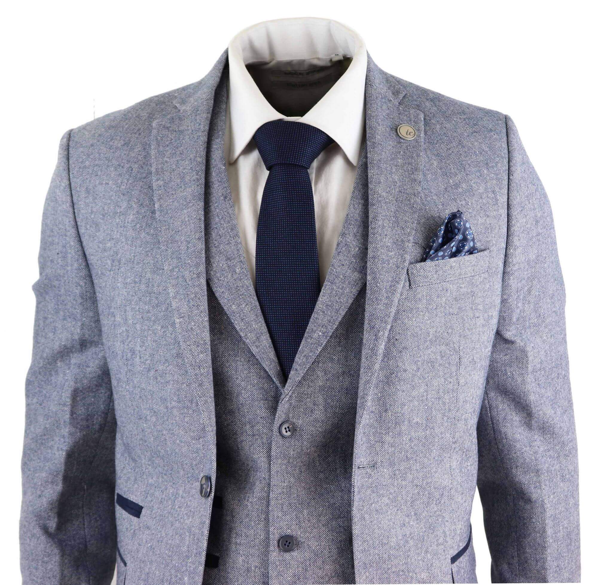 Terno masculino de tweed vintage azul claro de 3 peças - STZ13