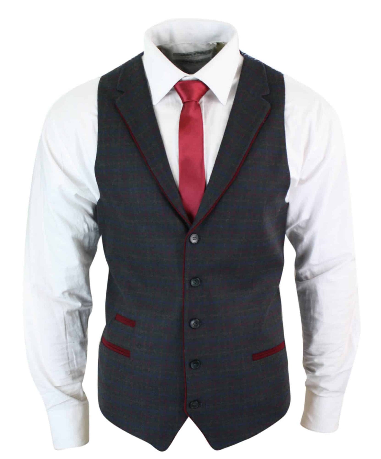 Colete masculino de lã verde-oliva com estampa xadrez vermelha, azul e marrom em tweed, corte clássico vintage sob medida.