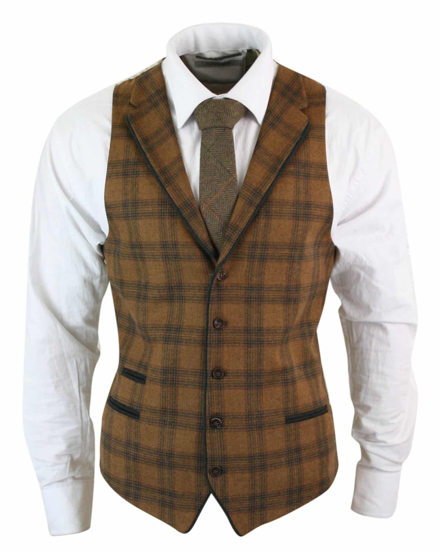 Colete masculino de lã em tweed xadrez marrom claro, corte clássico vintage sob medida.