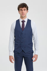 Terno masculino de três peças com risca de giz azul-marinho