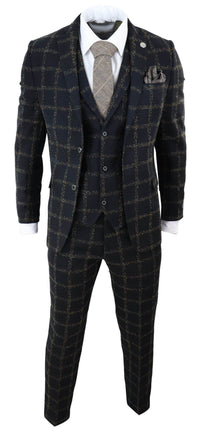 Terno masculino de 3 peças em tweed xadrez preto e bege