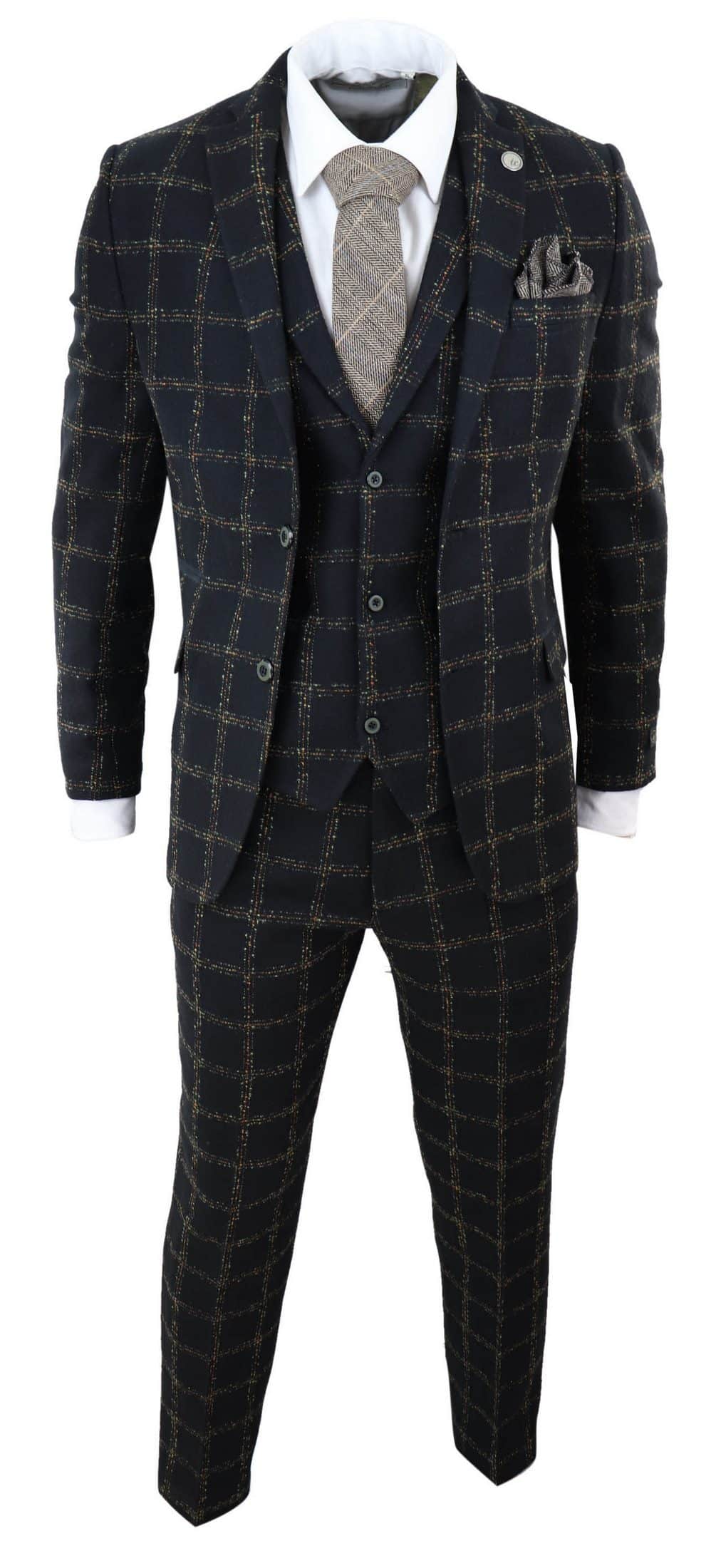 Terno masculino de 3 peças em tweed xadrez preto e bege