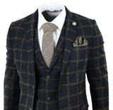 Terno masculino de 3 peças em tweed xadrez preto e bege