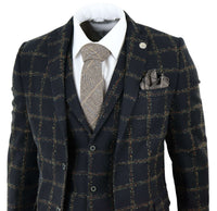 Terno masculino de 3 peças em tweed xadrez preto e bege