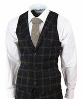 Terno masculino de 3 peças em tweed xadrez preto e bege