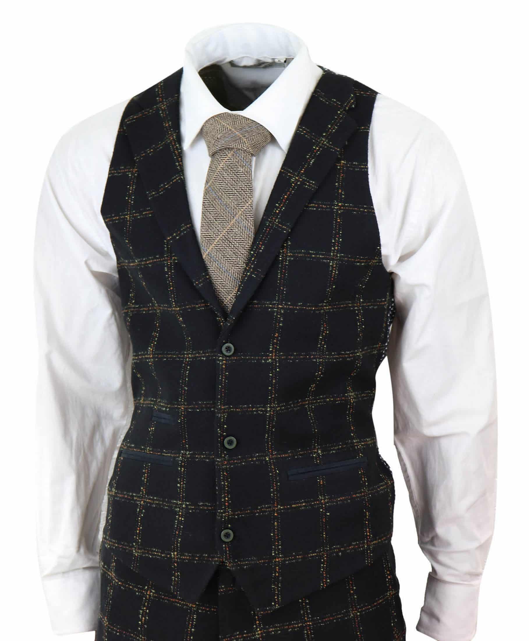 Terno masculino de 3 peças em tweed xadrez preto e bege