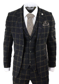 Terno masculino de 3 peças em tweed xadrez preto e bege