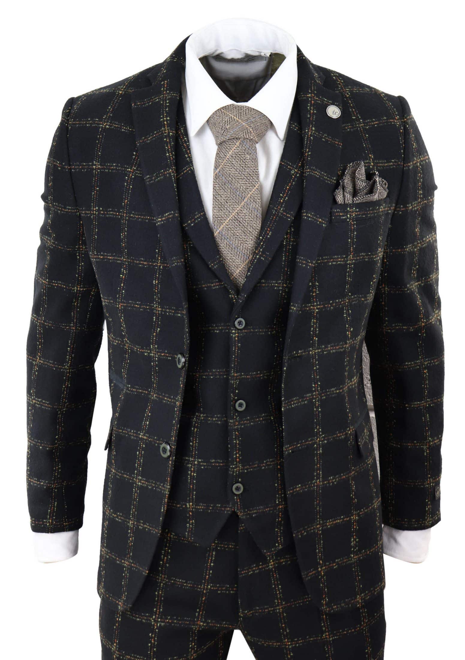 Terno masculino de 3 peças em tweed xadrez preto e bege