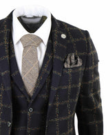 Terno masculino de 3 peças em tweed xadrez preto e bege