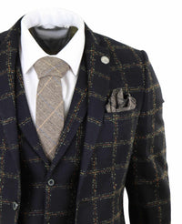 Terno masculino de 3 peças em tweed xadrez preto e bege