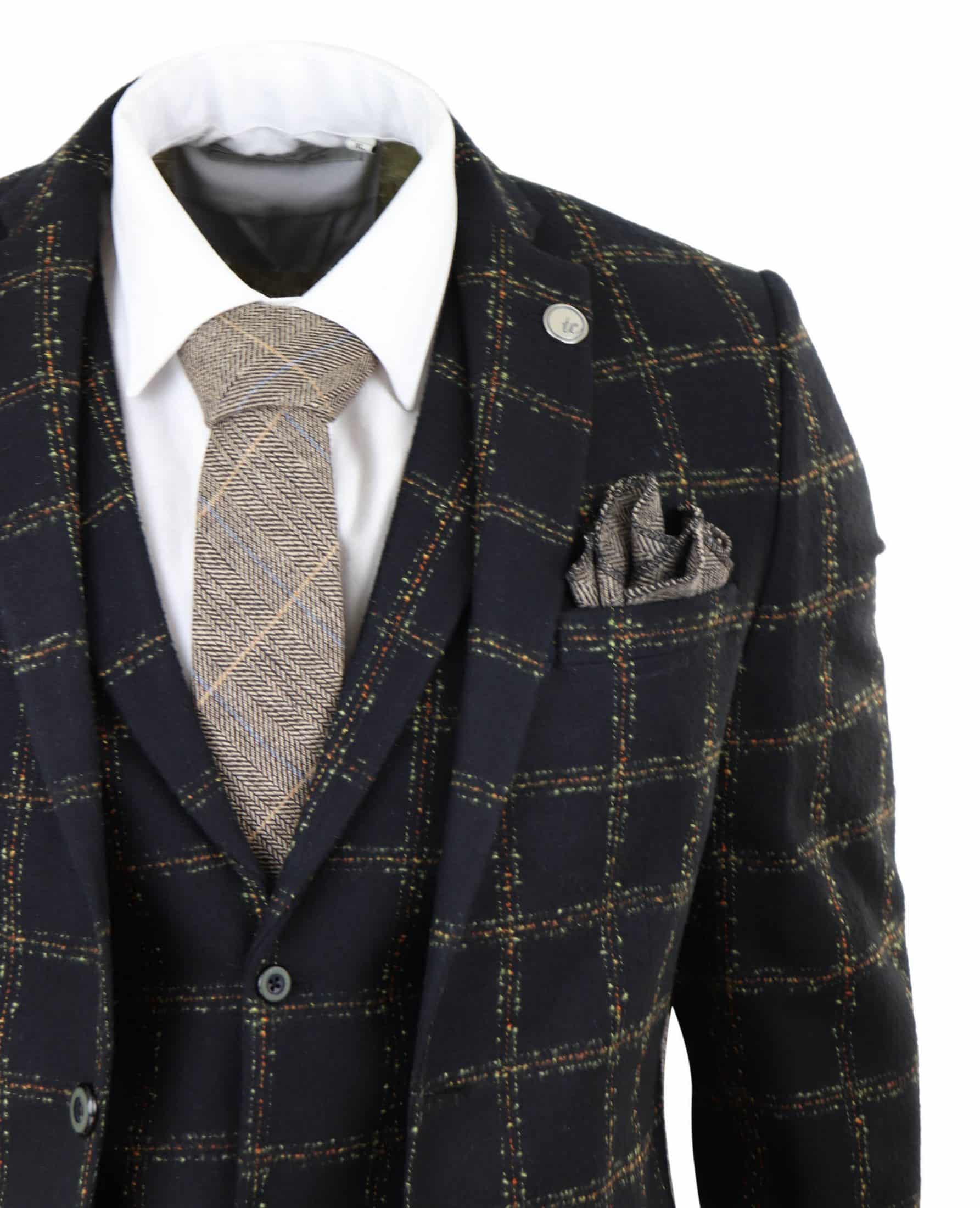 Terno masculino de 3 peças em tweed xadrez preto e bege