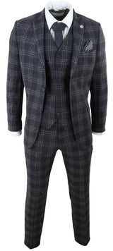 Terno masculino de 3 peças em tweed xadrez cinza-carvão