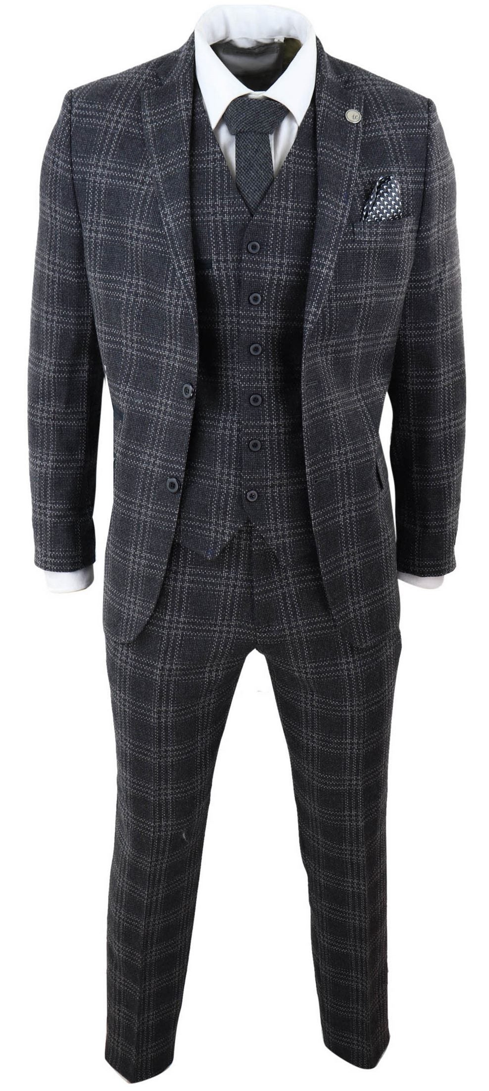 Terno masculino de 3 peças em tweed xadrez cinza-carvão