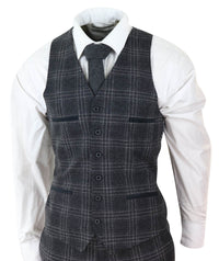 Terno masculino de 3 peças em tweed xadrez cinza-carvão