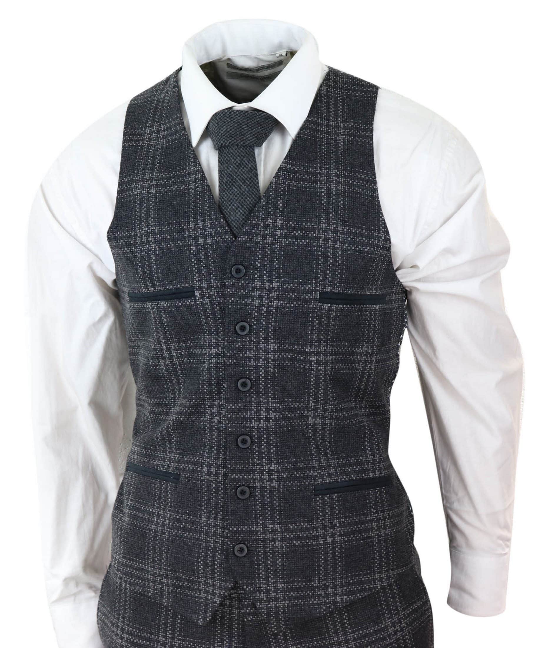 Terno masculino de 3 peças em tweed xadrez cinza-carvão