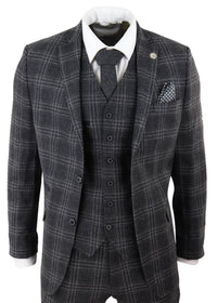 Terno masculino de 3 peças em tweed xadrez cinza-carvão