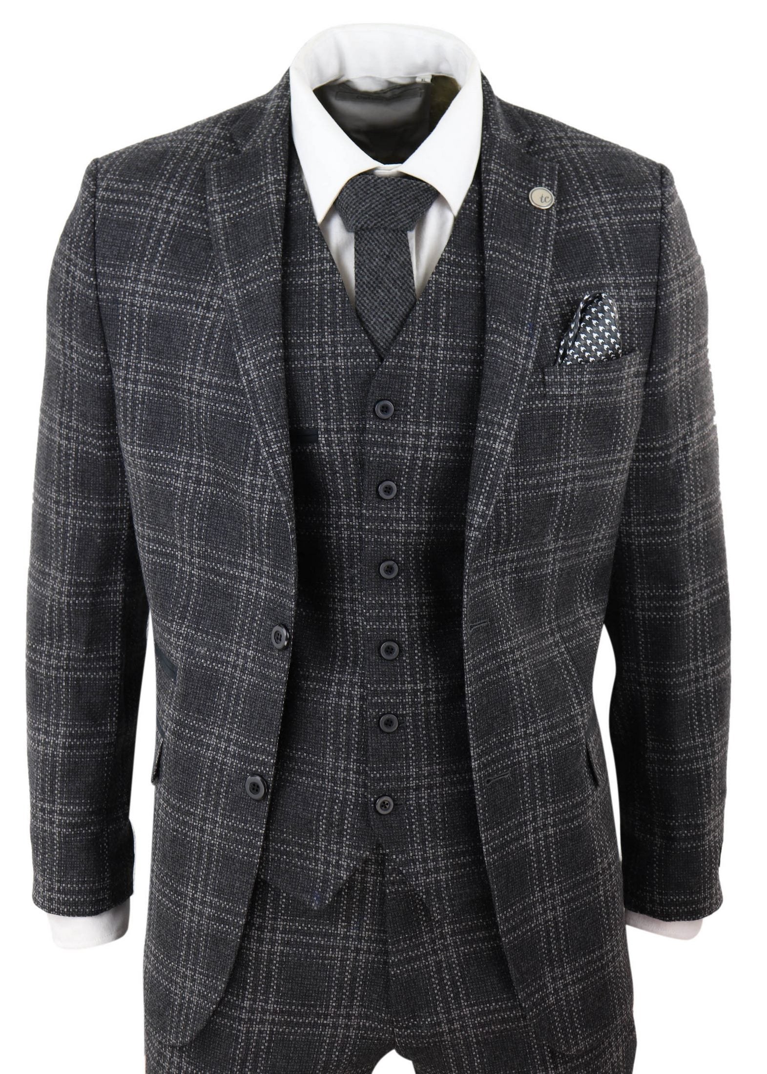 Terno masculino de 3 peças em tweed xadrez cinza-carvão