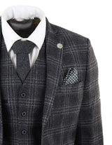 Terno masculino de 3 peças em tweed xadrez cinza-carvão