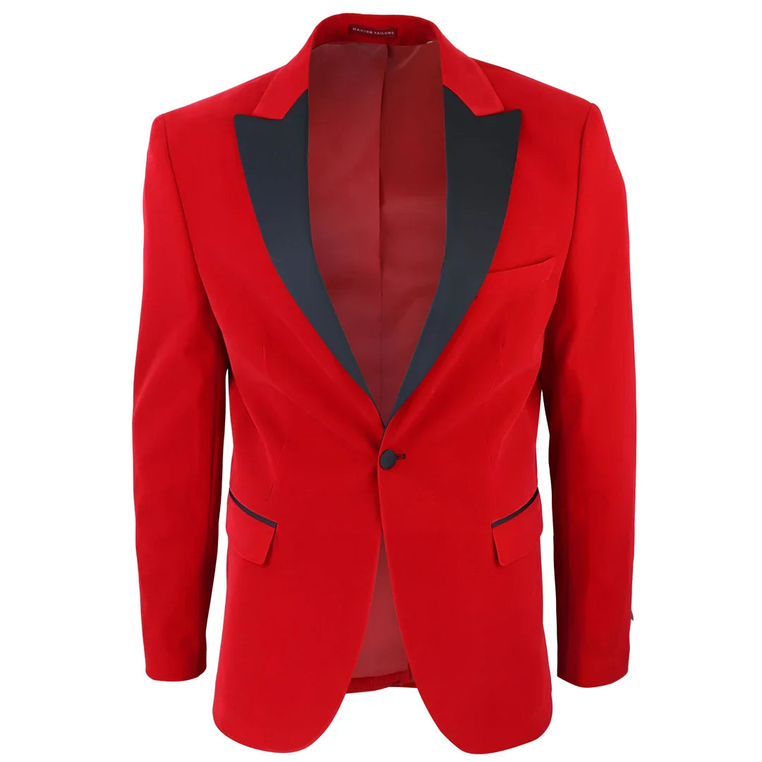 Smoking masculino vermelho de veludo com lapelas de cetim para jantar, casamento, formatura e traje de gala.